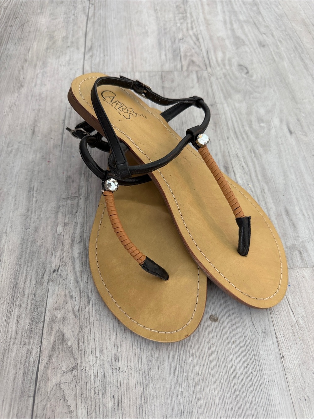 Carlos by Carlos Santana Black and Tan Rhinestone T-Strap Sandals